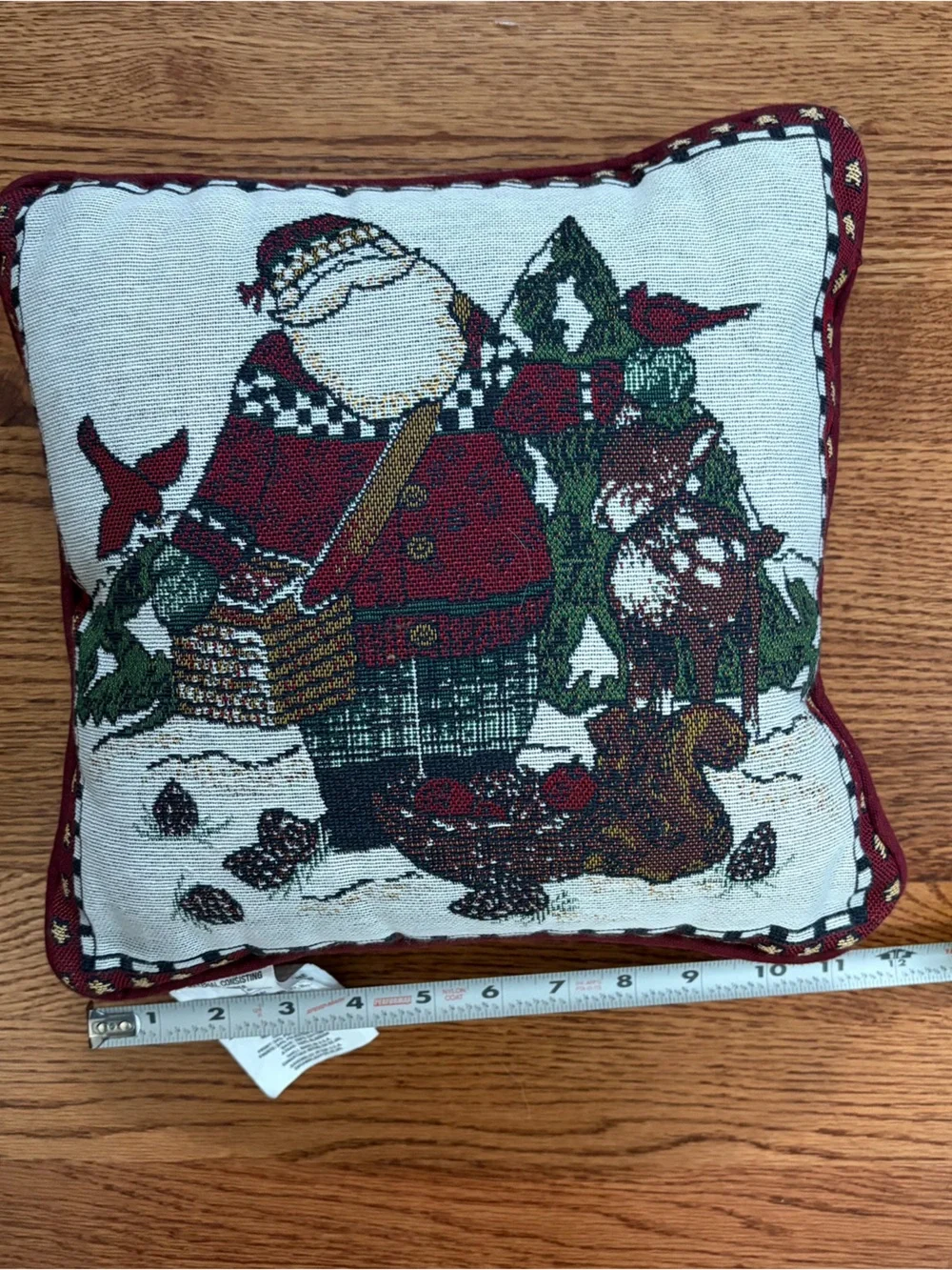 Vintage Debbie Mumm Woodland Santa Tapestry Throw Pillow Rustic Christmas USA